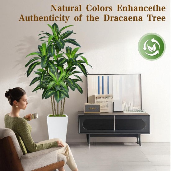6FT Artificial Dracaena Tree, Fake Tree Indoor with White Tall Planter,Tall Artificial Plants Indoor,Artificial Silk Tree for Home Office Decor (White)
