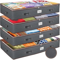 Under Bed Storage Bins - Pack Of 4 Under The Bed Storage Containers For Clothes, Blankets, Winter Clothing, & Shoes - Underbed Storage Containers With Handles, Dual Zippers, & Clear Top