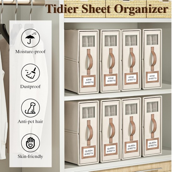 4 Pack Foldable Bed Sheets Set Organizers and Storage(King & Queen Size),Linen Fabric Closet Organizers with Window,Folding Bedding Storage Box for Bedsheets and Pillow Cube Organizer-Beige 4 Pack Foldable Bed Sheets Set Organizers and Storage(King & Queen Size),Linen Fabric Closet Organizers with Window,Folding Bedding Storage Box for Bedsheets and Pillow Cube Organizer-Beige
