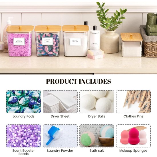 Laundry Pods Storage Container, Clear Laundry Room Organization and Storage,Detergent Powder Container,with Wooden Lids & Labels, 3+1 Pack