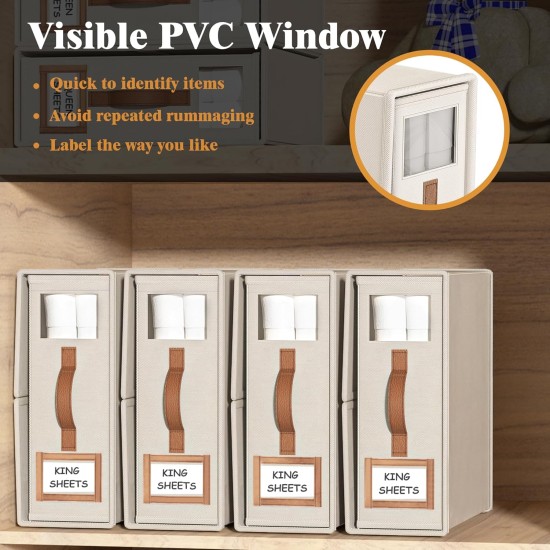 4 Pack Foldable Bed Sheets Set Organizers and Storage(King & Queen Size),Linen Fabric Closet Organizers with Window,Folding Bedding Storage Box for Bedsheets and Pillow Cube Organizer-Beige 4 Pack Foldable Bed Sheets Set Organizers and Storage(King & Queen Size),Linen Fabric Closet Organizers with Window,Folding Bedding Storage Box for Bedsheets and Pillow Cube Organizer-Beige