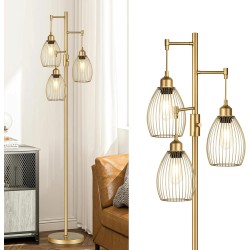 Dimmable Floor Lamp, Industrial Floor Lamps for Living Room, Gold Tree Lamp Standing Lamp Tall Lamps with 3 Elegant Teardrop Cage Head & 800 Lumens LED Bulbs for Living room Bedroom Office Dining Room