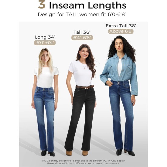 Tall Women's 34"/36"/38" Inseam Curvy Bootcut Jeans Mid-Rise Stretchy Denim Pants Classic Bell Bottom Trouser Tall Women's 34"/36"/38" Inseam Curvy Bootcut Jeans Mid-Rise Stretchy Denim Pants Classic Bell Bottom Trouser