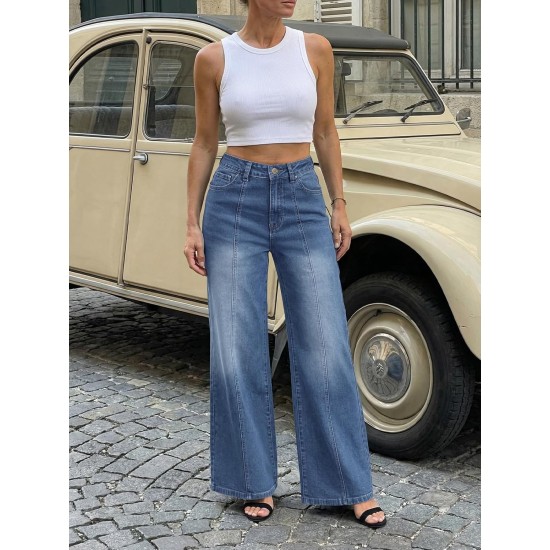 Trendy Queen Women's Wide Leg Baggy Jeans - High Waisted Relaxed Fit Pants, Super Soft Stretch Denim with Front Seam