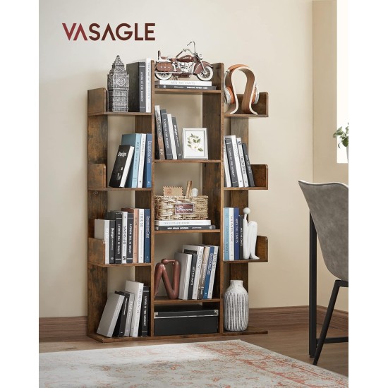 VASAGLE Bookshelf, Tree-Shaped Bookcase with 13 Storage Shelves, Rounded Corners, 9.8”D x 33.9”W x 55.1”H, Rustic Brown ULBC67BXV1 VASAGLE Bookshelf, Tree-Shaped Bookcase with 13 Storage Shelves, Rounded Corners, 9.8”D x 33.9”W x 55.1”H, Rustic Brown ULBC67BXV1