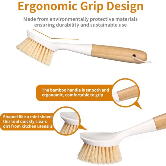 2 Pack Kitchen Dish Brush Bamboo Handle Dish Scrubber Built-in Scraper, Scrub Brush for Pans, Pots, Kitchen Sink Cleaning, Dishwashing and Cleaning Brushes are Perfect Cleaning Tools, White 2 Pack Kitchen Dish Brush Bamboo Handle Dish Scrubber Built-in Scraper, Scrub Brush for Pans, Pots, Kitchen Sink Cleaning, Dishwashing and Cleaning Brushes are Perfect Cleaning Tools, White