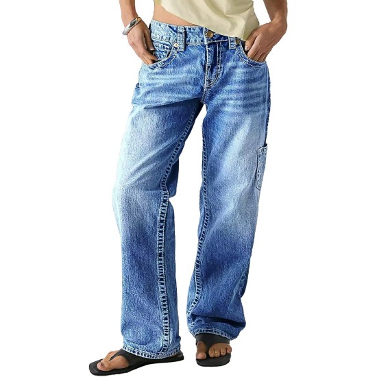 Flamingals Mid Rise Straight Leg Jeans for Women Multi Pocket Stretchy Baggy Boyfriend Jeans Trendy Flamingals Mid Rise Straight Leg Jeans for Women Multi Pocket Stretchy Baggy Boyfriend Jeans Trendy