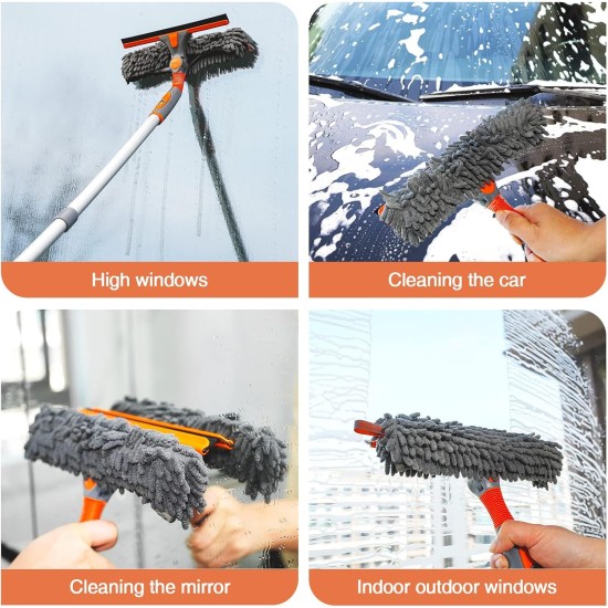 Eazer Squeegee Window Cleaner Tool, 2 in 1 Rotatable Window Cleaning Squeegee Kit with Extension Pole, 62'' Window Washing Kit, Bendable Head for Car Glass - 2 Scraper