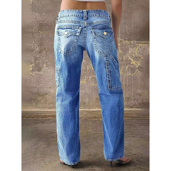 Flamingals Mid Rise Straight Leg Jeans for Women Multi Pocket Stretchy Baggy Boyfriend Jeans Trendy Flamingals Mid Rise Straight Leg Jeans for Women Multi Pocket Stretchy Baggy Boyfriend Jeans Trendy