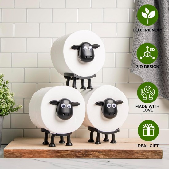 VELENTI Sheep Toilet Roll Holder, Free Standing Bathroom Set, 3D Printed, Funny Hilarious Black Sheep Loo Roll Holder, Tissue Paper Storage, Cute Bathroom Decor, X3, Set of 3