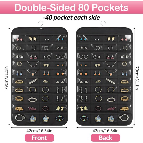 1 Pack Hanging Jewelry Organizer, 80 Clear Pockets earring organizer and storage, Accessories holder organizer for Closet, Jewelries, Necklace, Travel