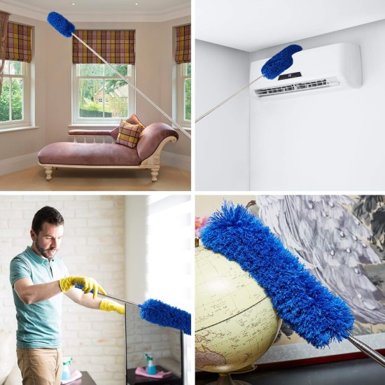 Cobweb Duster with Extension Pole, Washable Cleaning Duster Kit with 2 Duster Heads, Cobweb Duster, Corner Brush, Aluminum Telescoping Pole for Ceiling Fan (Blue)