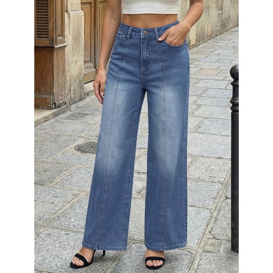 Trendy Queen Women's Wide Leg Baggy Jeans - High Waisted Relaxed Fit Pants, Super Soft Stretch Denim with Front Seam
