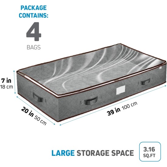 Under Bed Storage Bins - Pack Of 4 Under The Bed Storage Containers For Clothes, Blankets, Winter Clothing, & Shoes - Underbed Storage Containers With Handles, Dual Zippers, & Clear Top