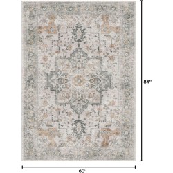 GENIMO 5X7 Area Rugs for Living Room, Machine Washable Non Slip Vintage Rugs, Low Pile Lightweight Chenille Print Rug for Bedroom, Dining Room, Home Office, Light Taupe Brown