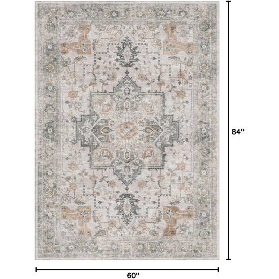 GENIMO 5X7 Area Rugs for Living Room, Machine Washable Non Slip Vintage Rugs, Low Pile Lightweight Chenille Print Rug for Bedroom, Dining Room, Home Office, Light Taupe Brown