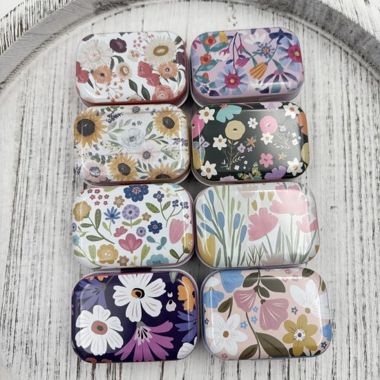 8Pcs Metal Hinged Tin Box Container Daisy Floral Farmhouse Rustic Mini Portable Small Storage Container Kit with Lid for Home Storage 2.1x1.5x1 Inch (Pastel)