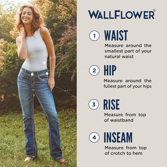 WallFlower Women's Legendary Bootcut Mid-Rise Insta Stretch Juniors Jeans (Standard and Plus), Size 0 to 24 WallFlower Women's Legendary Bootcut Mid-Rise Insta Stretch Juniors Jeans (Standard and Plus), Size 0 to 24