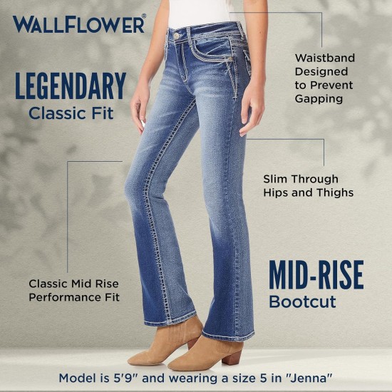 WallFlower Women's Legendary Bootcut Mid-Rise Insta Stretch Juniors Jeans (Standard and Plus), Size 0 to 24 WallFlower Women's Legendary Bootcut Mid-Rise Insta Stretch Juniors Jeans (Standard and Plus), Size 0 to 24
