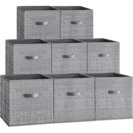 SONGMICS Storage Cubes, 13 x 13 x 13 Inches Non-Woven Fabric Bins with Double Handles, Set of 8, Closet Organizers for Shelves, Foldable, for Clothes, Cattail Gray UROB833G01